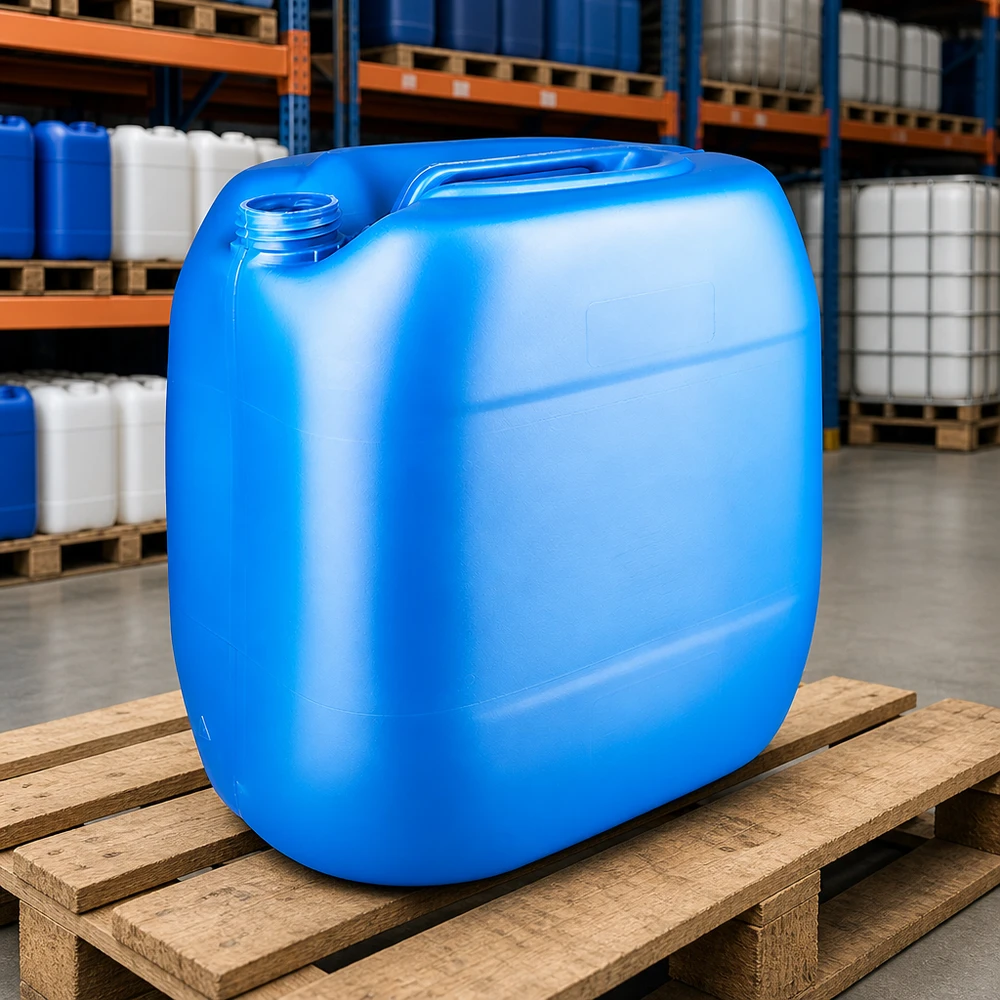 Blauer Flachkanister 30 Liter ohne Deckel auf Holzpalette in Industrielager