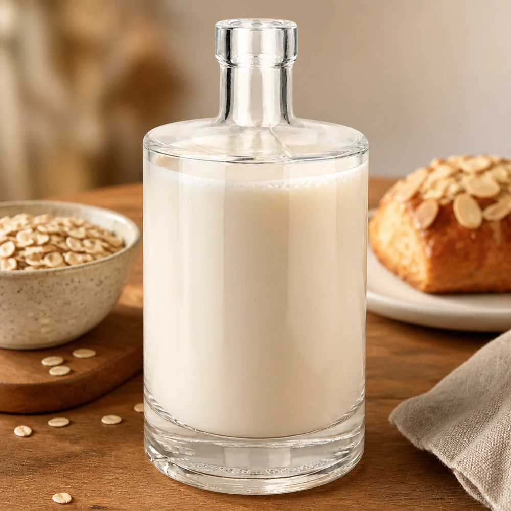 500ml Glasflasche Marie mit Hafermilch gefüllt neben Haferflocken und Brot zeigt Vielseitigkeit für Milchalternativen
