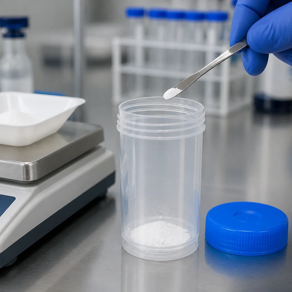 Universal Kunststoffdose (Pathogefäss) 100ml Weisses Pulver wird in lebensmittelechtes Pathogefäss 100ml mit Schraubverschluss gegeben