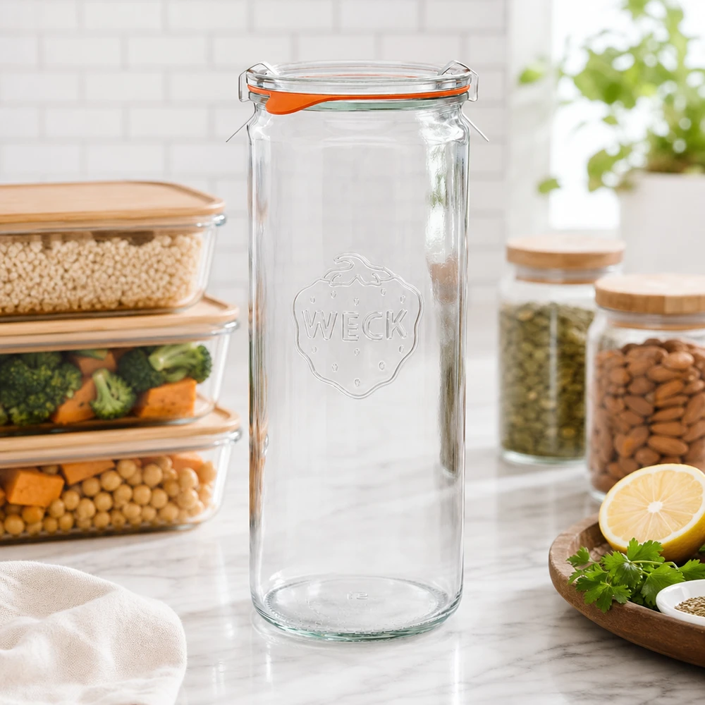 WECK 1040ml Zylinderglas RR80 leer auf Küchentheke mit Vorratsbehältern und frischen Zutaten im Hintergrund