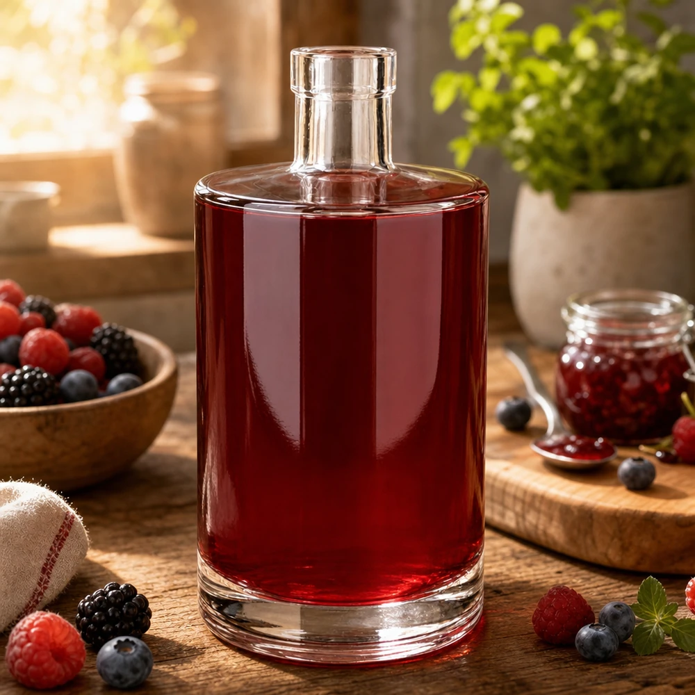 700ml Glasflasche "Galileo" ohne Verschluss UNiTWIST® 700ml Glasflasche Marie mit rotem Beerensaft befüllt umgeben von frischen Beeren und Marmelade auf Holztisch