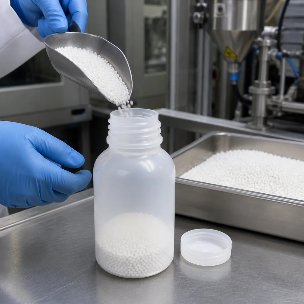 100ml Laborflasche Weithals ohne Verschluss Befüllung einer 100ml Laborweithalsflasche mit weißen Pellets in pharmazeutischer Produktionsumgebung