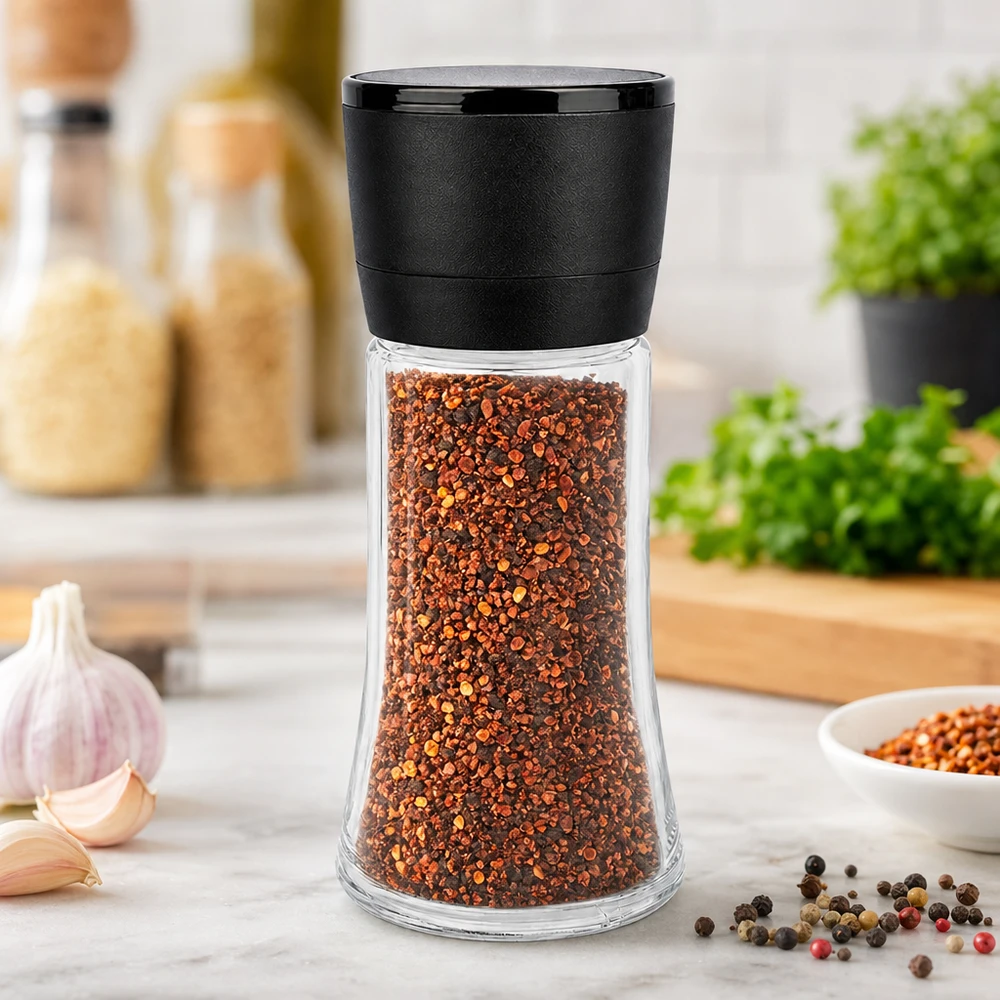 Salz-/Gewürzglas 95ml mit Mühle Vario schwarz Gewürzmühle 95ml mit schwarzem Kunststoffkopf und transparentem Glaskörper auf Marmor
