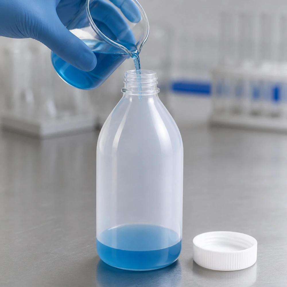 500ml Laborflasche Enghals ohne Deckel mit blauer Flüssigkeit auf Edelstahloberfläche im Reinraum