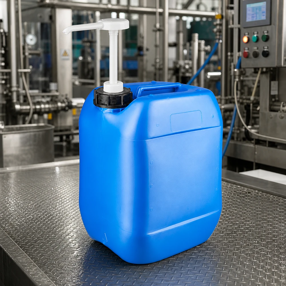 Kanister 10 Liter blau mit Dosierpumpe Kompakter blauer Kunststoffkanister 10L mit Ausgießpumpe auf Riffelblech in Fabrikumgebung