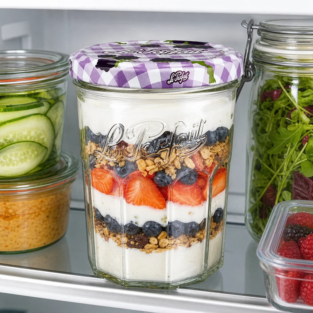 Le Parfait Sturzglas 385ml mit Joghurt-Beeren-Parfait im Kühlschrank zeigt vielseitige Verwendung als Vorratsglas