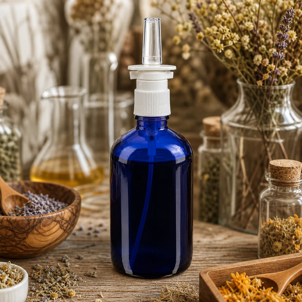 Apothekenflasche blau 100ml Nasenzerstäuber weiß Standard 100ml Nasensprayflasche Kobaltblauglas mit weißem Pumpkopf auf rustikalem Holztisch