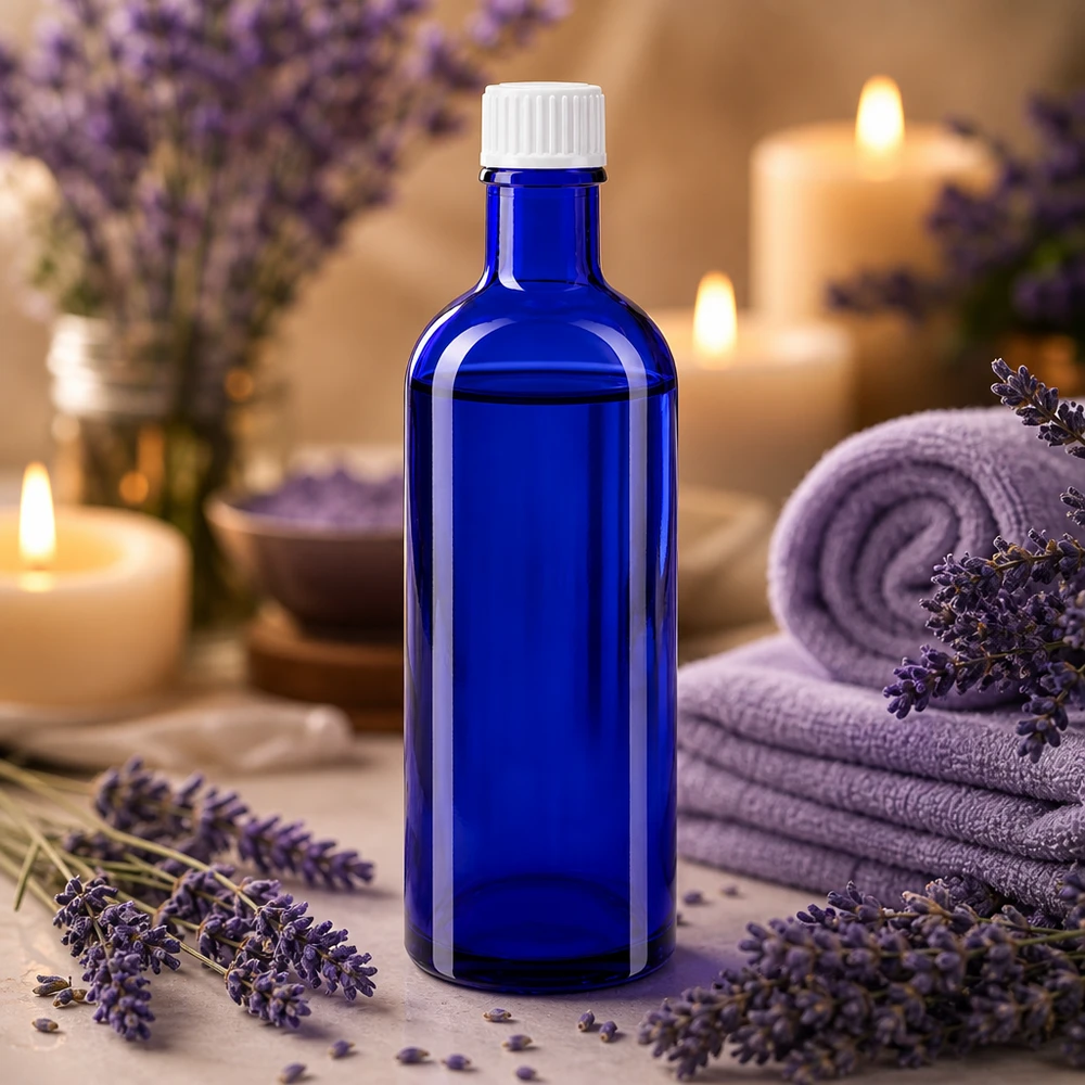 200ml Apothekerflasche blau mit Lavendel und Wellness-Accessoires arrangiert