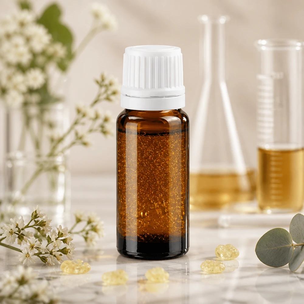 Kompakte Braunglasflasche 10ml mit gerilltem weißem Schraubdeckel auf Marmor mit Blütendeko