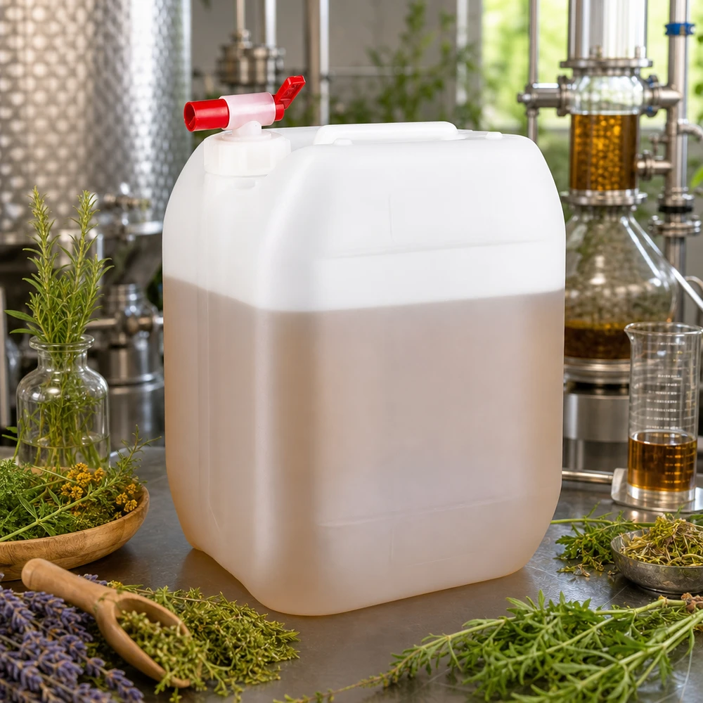Kanister 10 Liter mit Auslaufhahn Lebensmittelechter Kunststoffkanister 10L mit rotem Zapfhahn in der Aromadestillerie