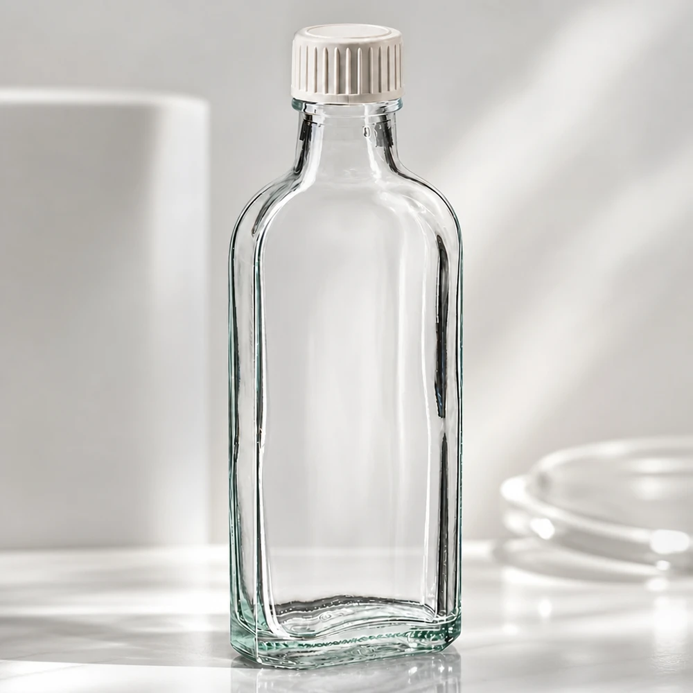 Leere Meplat Flasche 100ml mit dichtem Schraubverschluss und Schaumeinlage auf weißem Untergrund