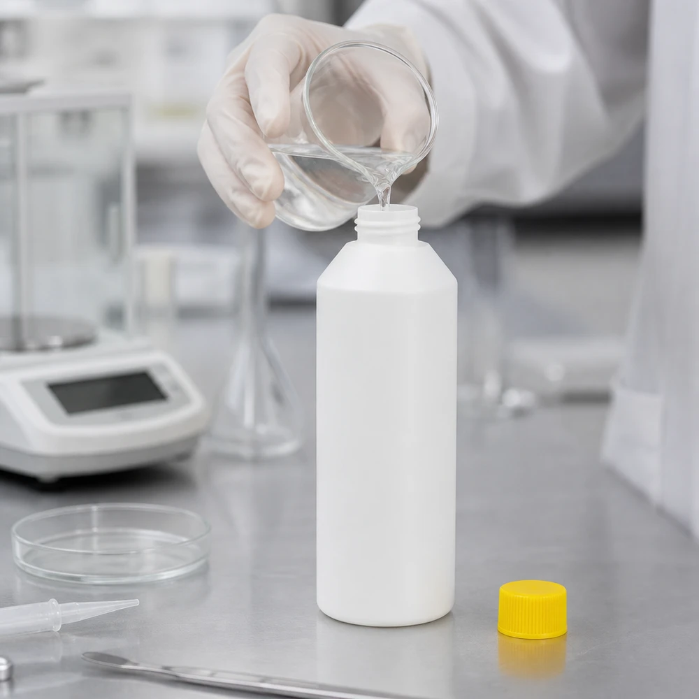 Befüllung einer lebensmittelechten HDPE Apothekenflasche 250ml in professionellem Labor