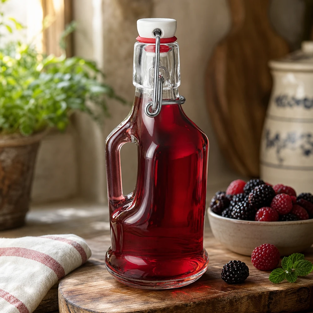 200ml Glasflasche Bertha mit roter Beerenfüllung Lifestyle Szene Küchenambiente Porzellan Bügelverschluss UNiTW