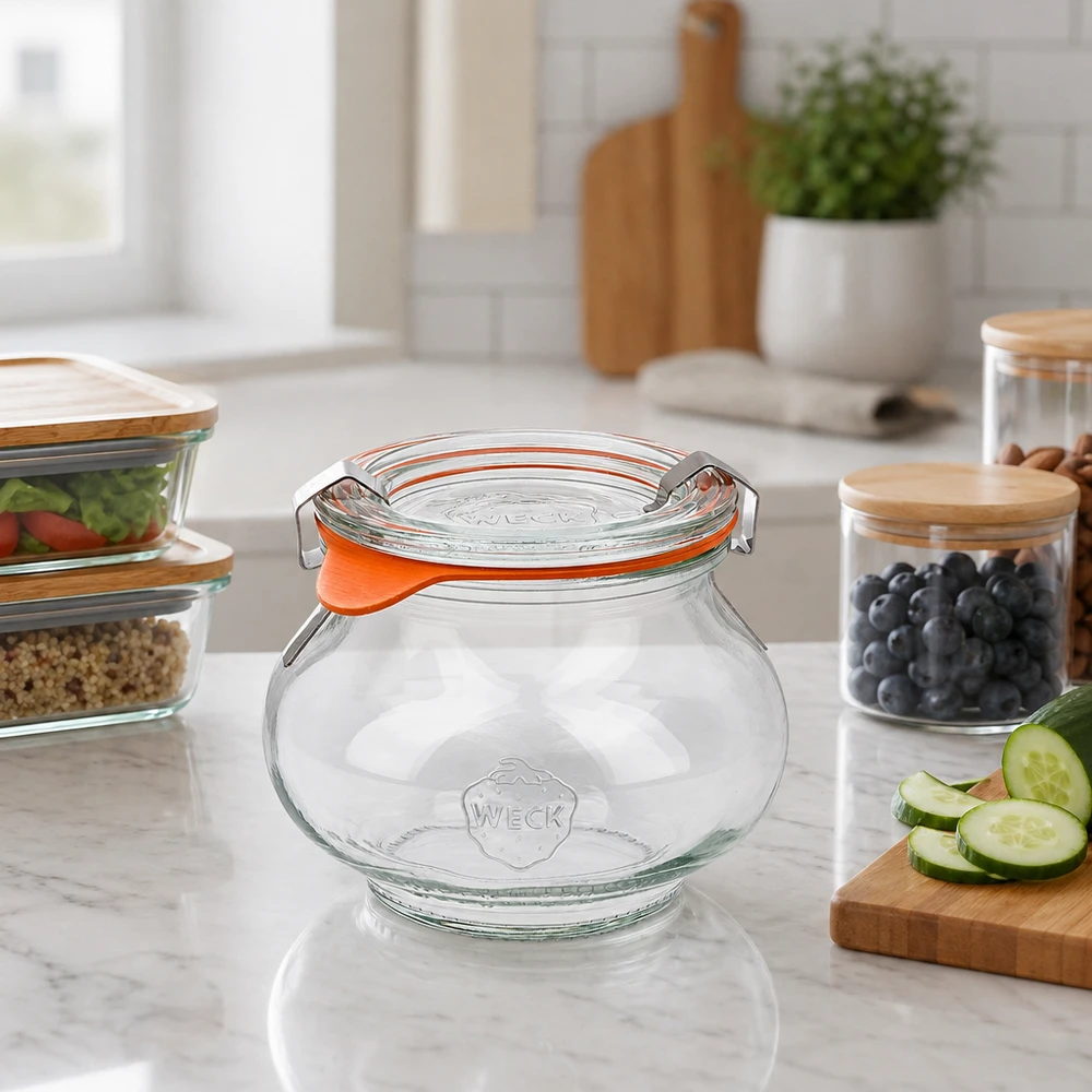 WECK Schmuckglas 220ml RR60 in moderner Küche mit Meal-Prep-Behältern, vielseitiges Aufbewahrungsglas für Vorratshaltung