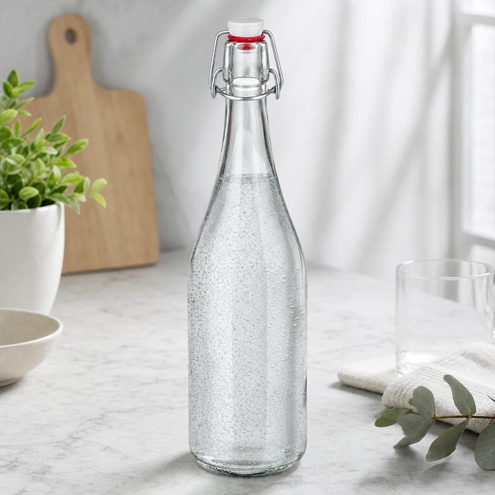750ml Glasflasche und Bügelverschluss PVC UNiTWIST 750ml Glasflasche mit Bügelverschluss befüllt mit Sprudelwasser Küchenszenerie marble Arbeitsplatte modern