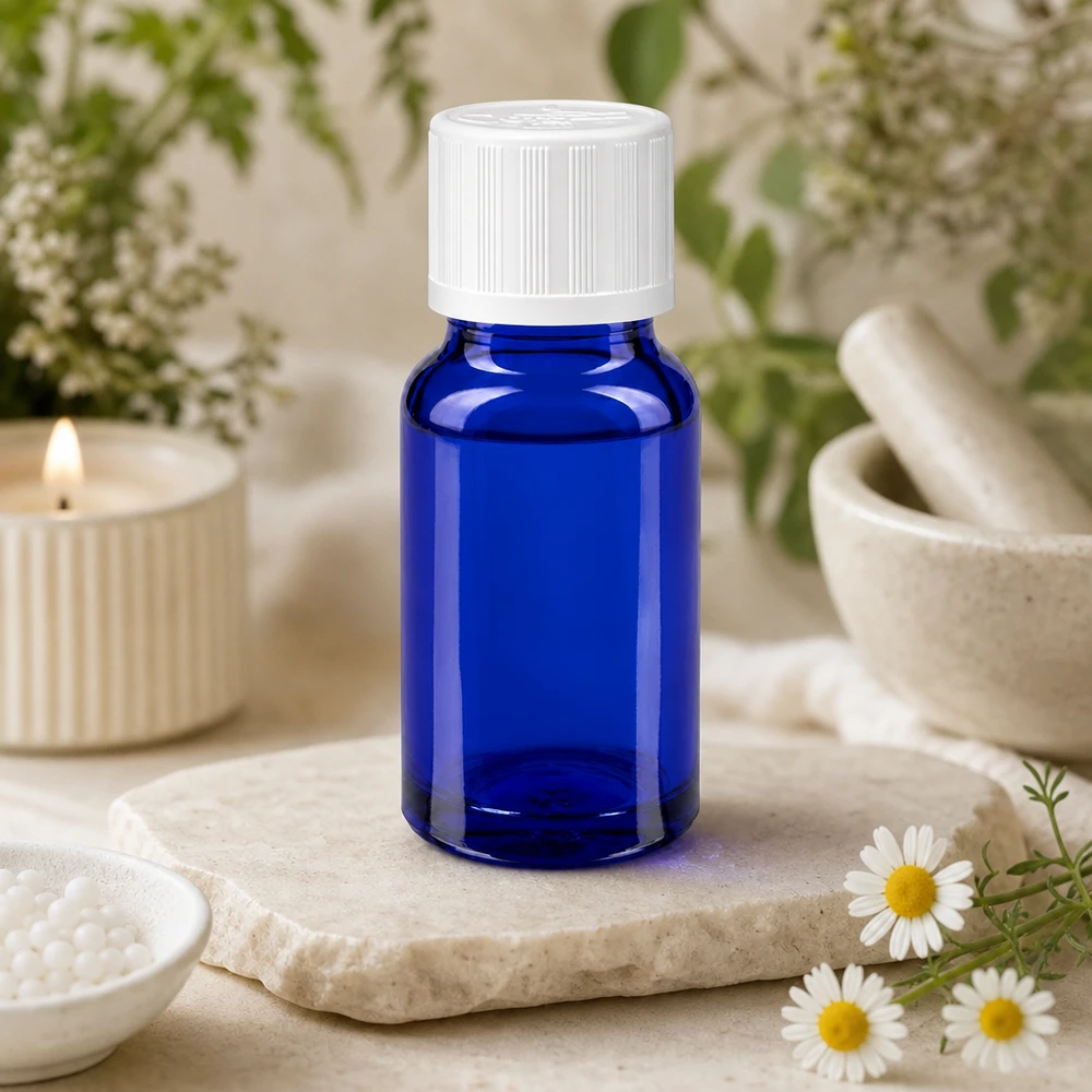 Apothekenflasche blau 10ml Schraubverschluss weiß Kindersicherung Standard 10ml Apoflasche blau mit Standardverschluss weiß 11mm zwischen Naturheilmittel und Mörser