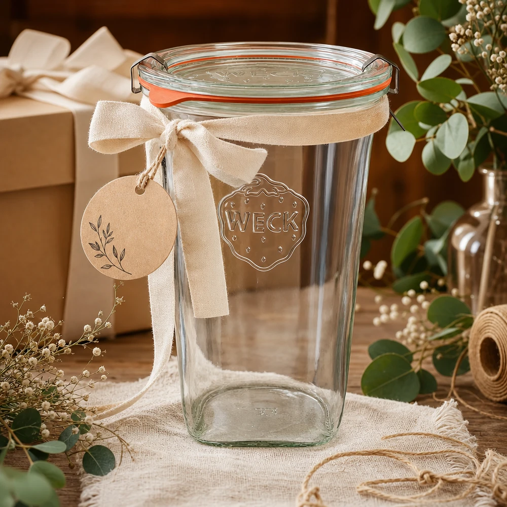 WECK Quadroglas 795ml RR100 als Geschenkidee mit Schleife und Anhänger in rustikaler Dekoration