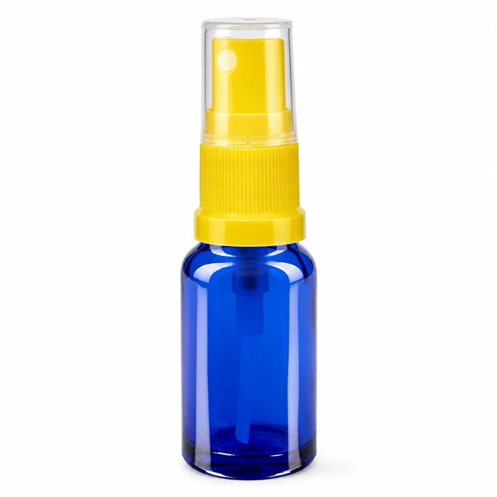 Apothekenflasche blau 10ml Sprayaufsatz gelb Kleine blaue Apothekerflasche 10ml aus Schutzglas mit gelbem Sprühkopf und klarer Kappe