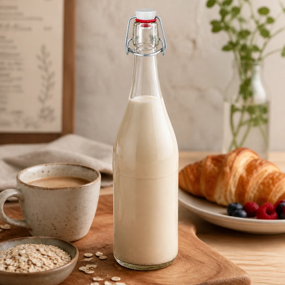 750ml Glasflasche Bügelverschluss mit Milch befüllt Küchenszenerie Frühstück Croissant Haferflocken natürlich