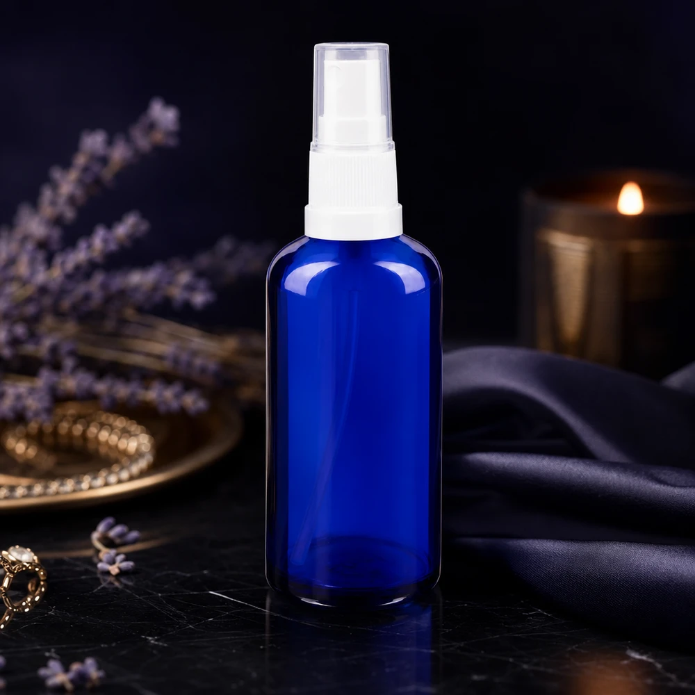 Apothekenflasche blau 50ml Sprayaufsatz weiß Blaue 50ml Glassprayflasche mit transparenter Schutzkappe und weißem Sprühkopf auf Marmor
