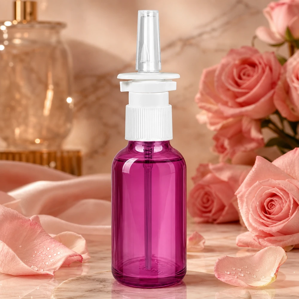 30ml Nasensprayflasche weiß/transparent Standard PurpleLine. UT18/30 Kleine 30ml Pumpflasche in Purple-Design perfekt für unterwegs und mobile Nasenspray-Anwendung