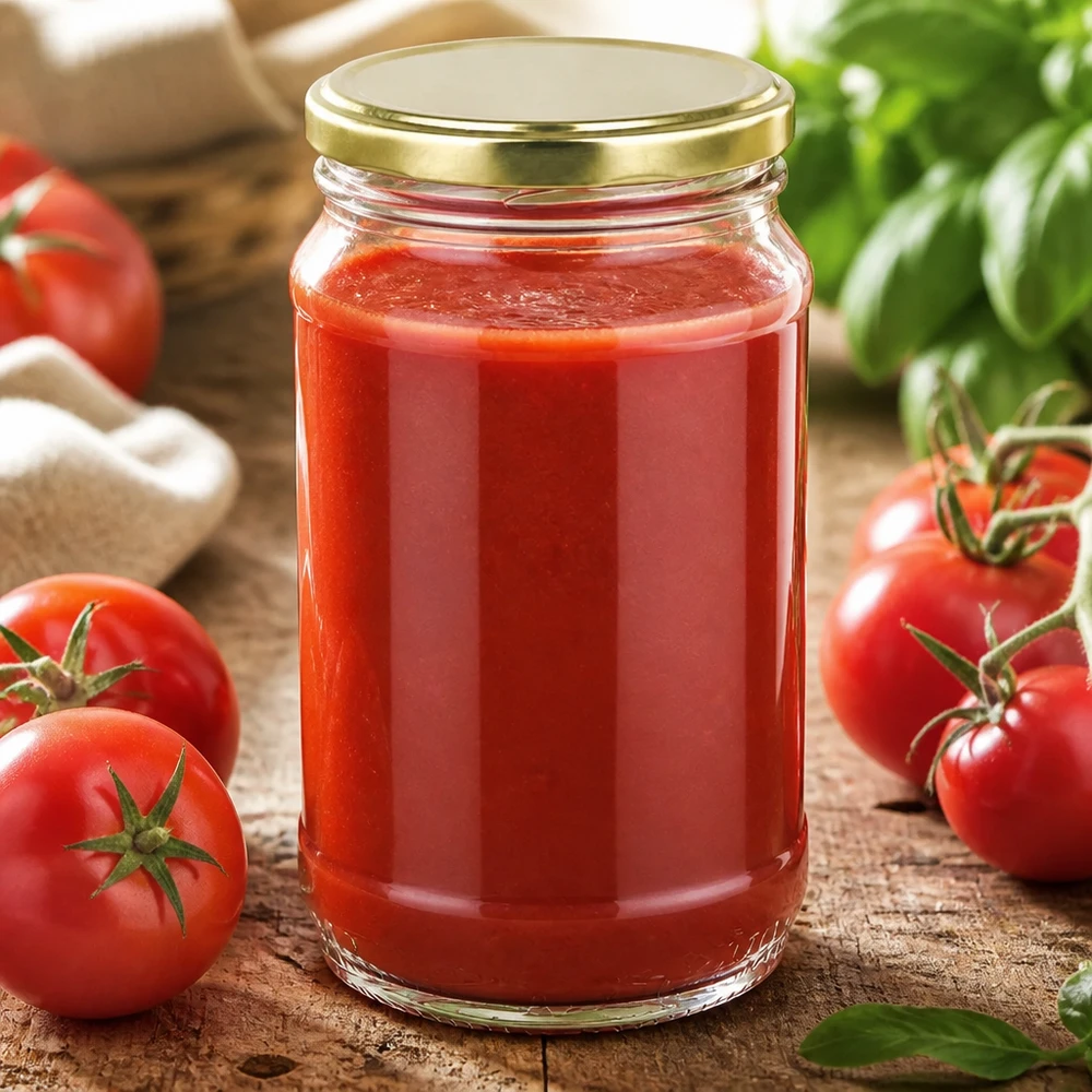 Transparentes 370ml Rundglas UNiTWIST mit goldgelbem BasicSeal Deckel und selbstgemachter Tomatensoße