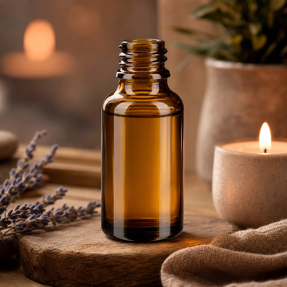 Tropfflasche 30 ml DIN 18 Braunglas NIEDRIGE FORM 30ml braune ApoGlas Flasche für ätherische Öle mit Lavendel Aromatherapie Set und brennenden Kerzen