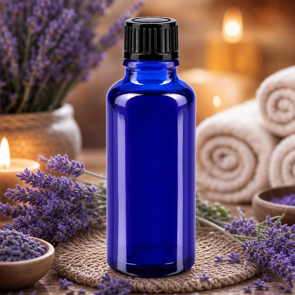 Apothekenflasche blau 30ml Schraubverschluss schwarz Standard Kobaltblaue Apothekerflasche 30ml mit Tropfverschluss für ätherische Öle