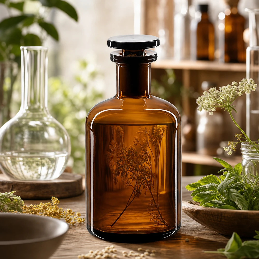 Klassische Apothekerflasche braun 100ml Rundschulterform mit Kräuterpflanzen Dekoration