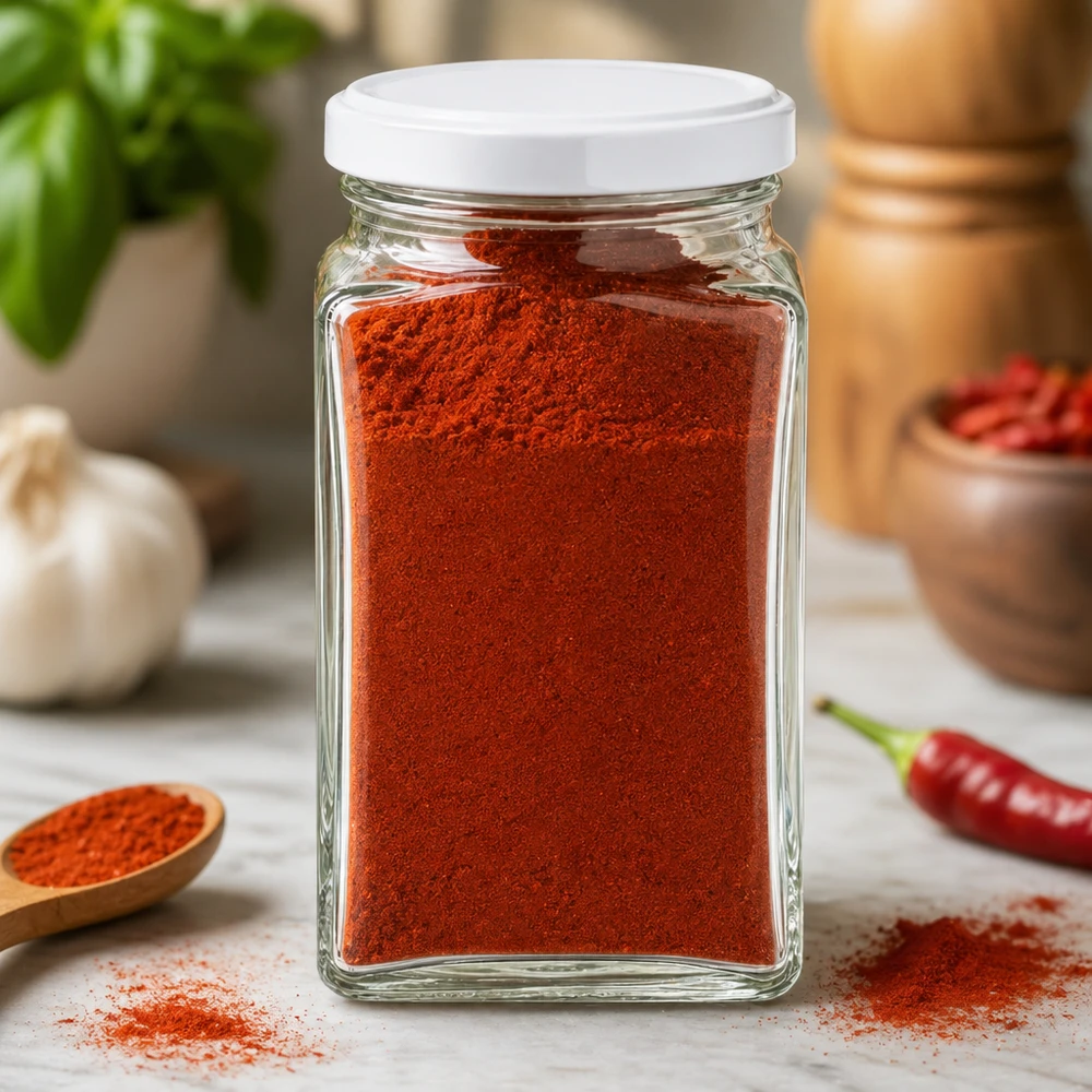 260ml Vierkantglas gefüllt mit Paprikapulver zeigt praktische Verwendung als Gewürzglas mit weißem Deckel