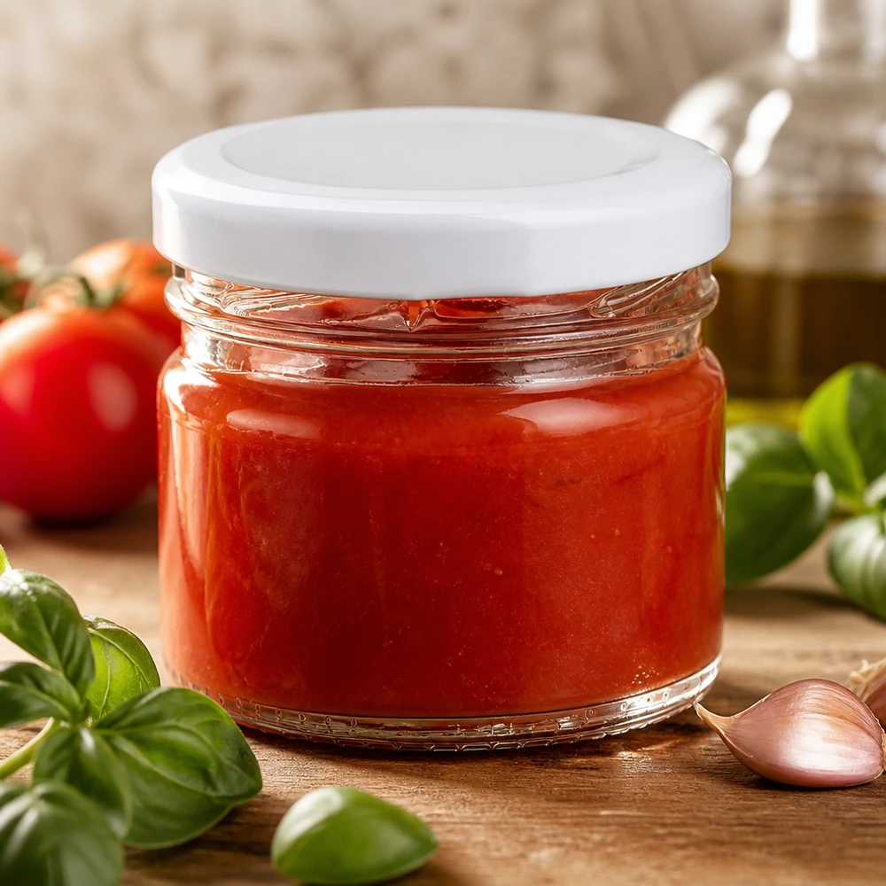 UNiTWIST 33ml Rundglas mit BasicSeal Weißdeckel für selbstgemachte Pasta-Sauce