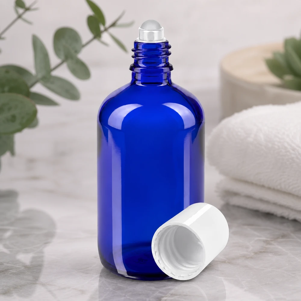 Apothekenflasche blau 100ml Roll-On Verschluss weiß 100ml blaue Apothekerglasflasche mit Rollapplikator für ätherische Öle und Parfum