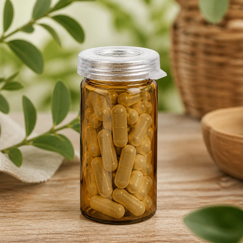 Tabletten/Rollrandglas 5ml klar mit Schnappdeckel Kleines Apothekerglas 5ml Braunglas gefüllt mit Pflanzenkapseln und transparentem Schnappverschluss