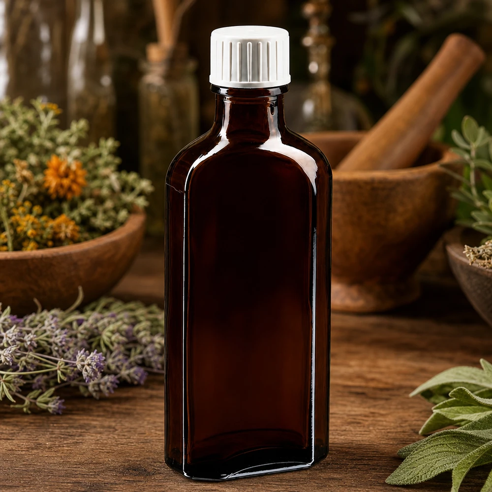 Lichtschutz Meplat Flasche 100 ml mit weißem Dosierverschluss zwischen Holzmörser und Kräutern