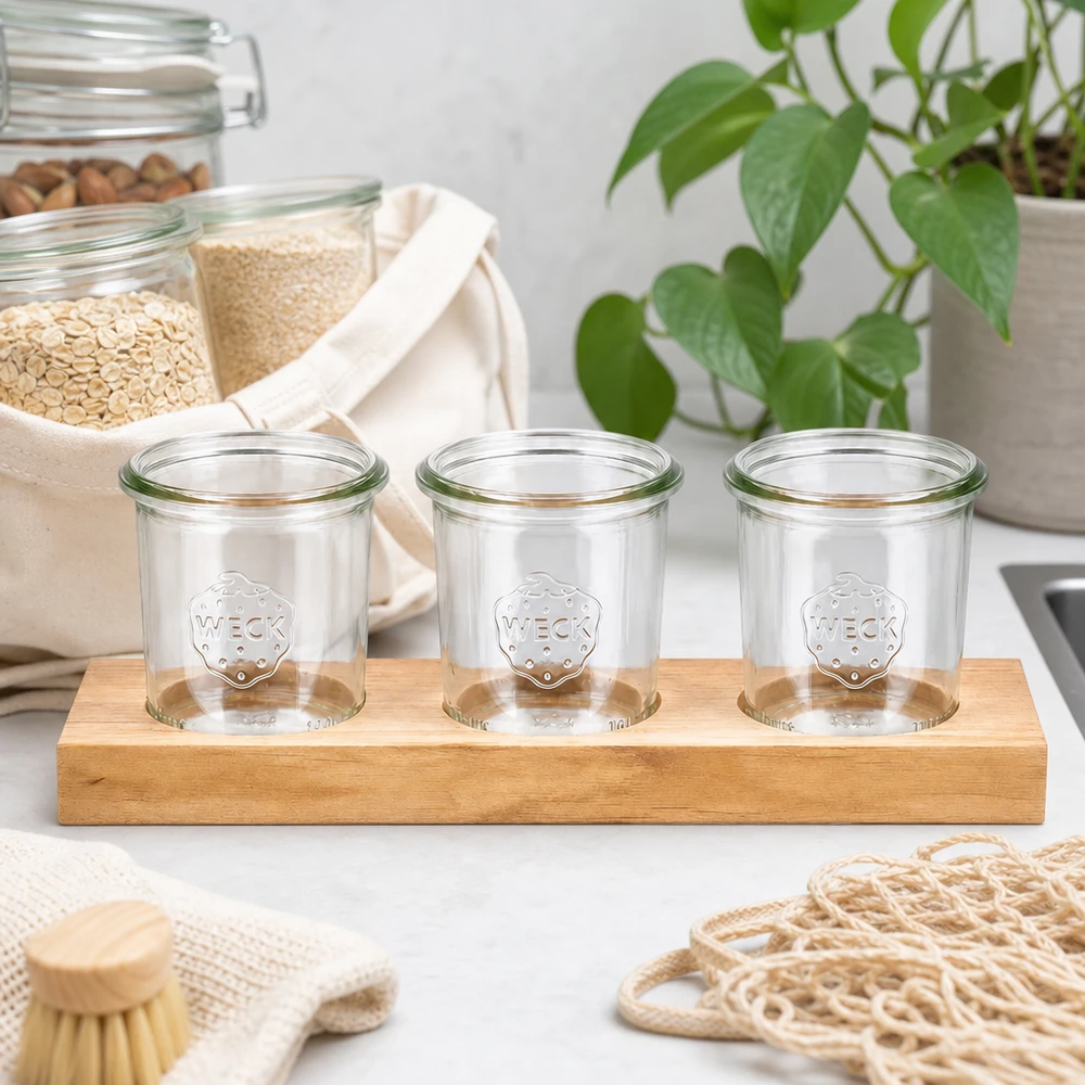 Servierbrett Plano3 mit 3 Weck Sturzgläsern 140ml Leere WECK Sturzgläser 140ml auf Holzservierbrett Plano3 in nachhaltiger Zero-Waste Küche mit Naturfasern