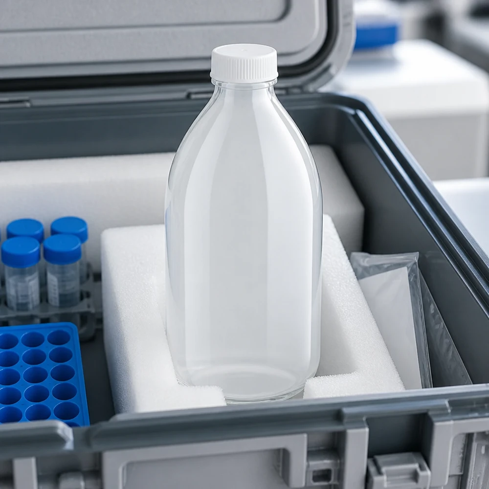 Transparente 500ml Laborflasche Enghals neben blauen Probengefäßen im Transportbehälter