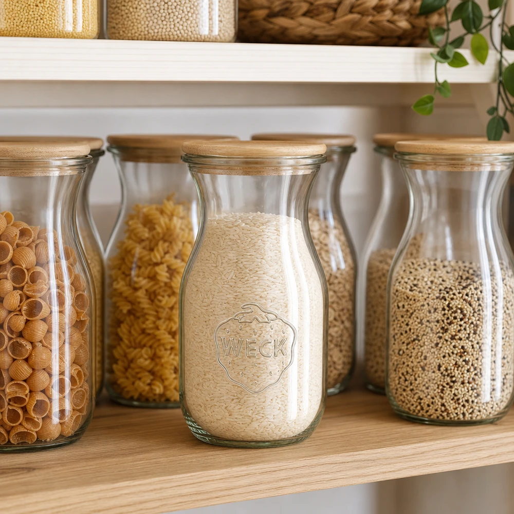 290ml Saftflasche Edition RR60 mit Holzdeckel WECK Saftflasche 290ml mit Holzdeckel zwischen Vorratsgläsern mit Reis und Pasta in moderner Vorratsküche