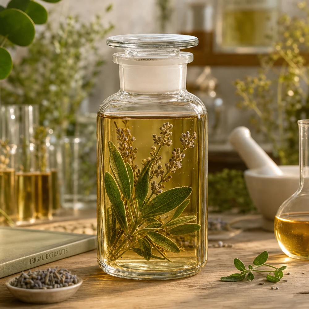 Apothekerflasche 500ml klar mit Glasstopfen und eingelegten Kräuterzweigen