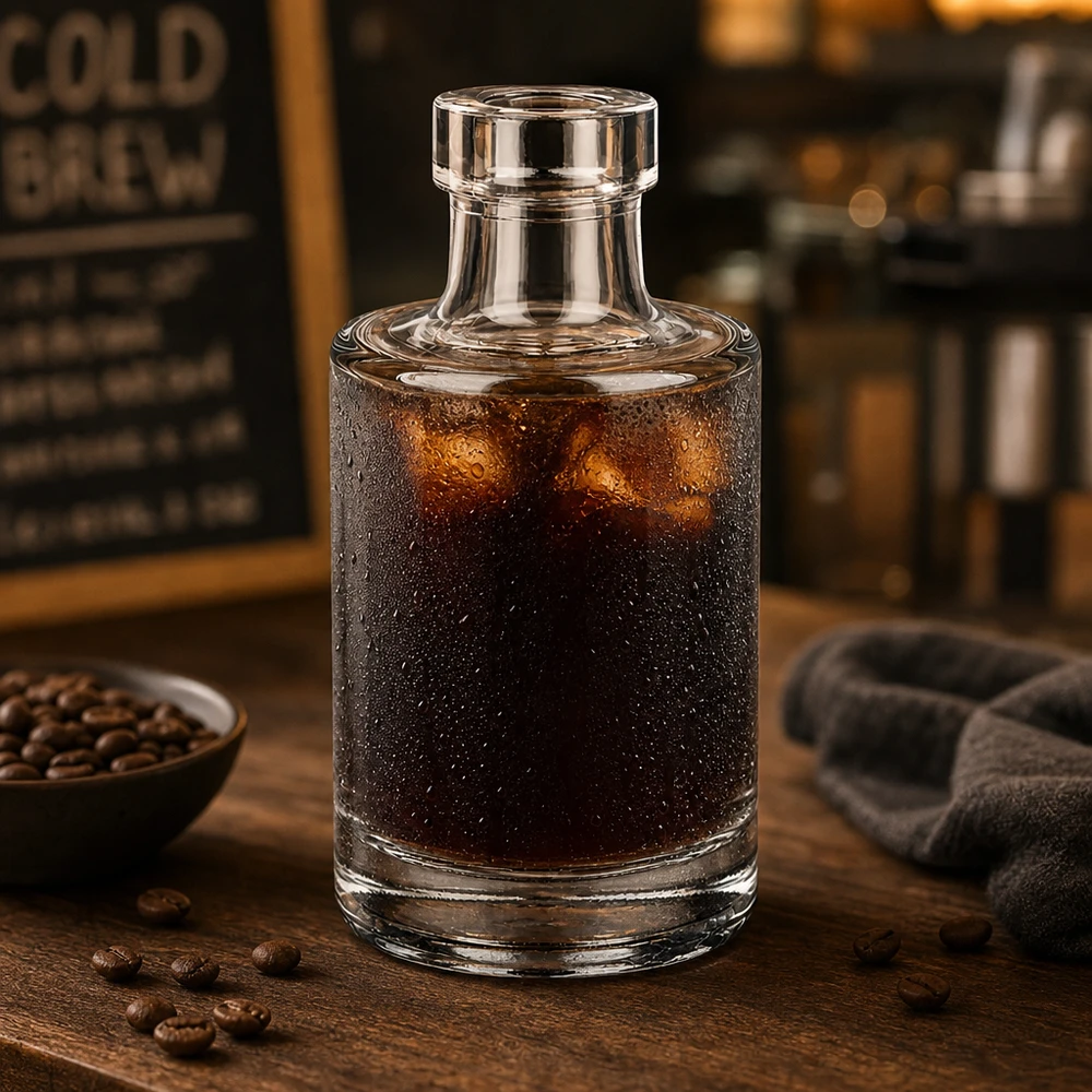 100ml Glasflasche "Marie" ohne Verschluss UNiTWIST 100ml Glasflasche Marie mit Cold Brew Kaffee gefüllt zwischen Kaffeebohnen in gemütlicher Café-Atmosphäre