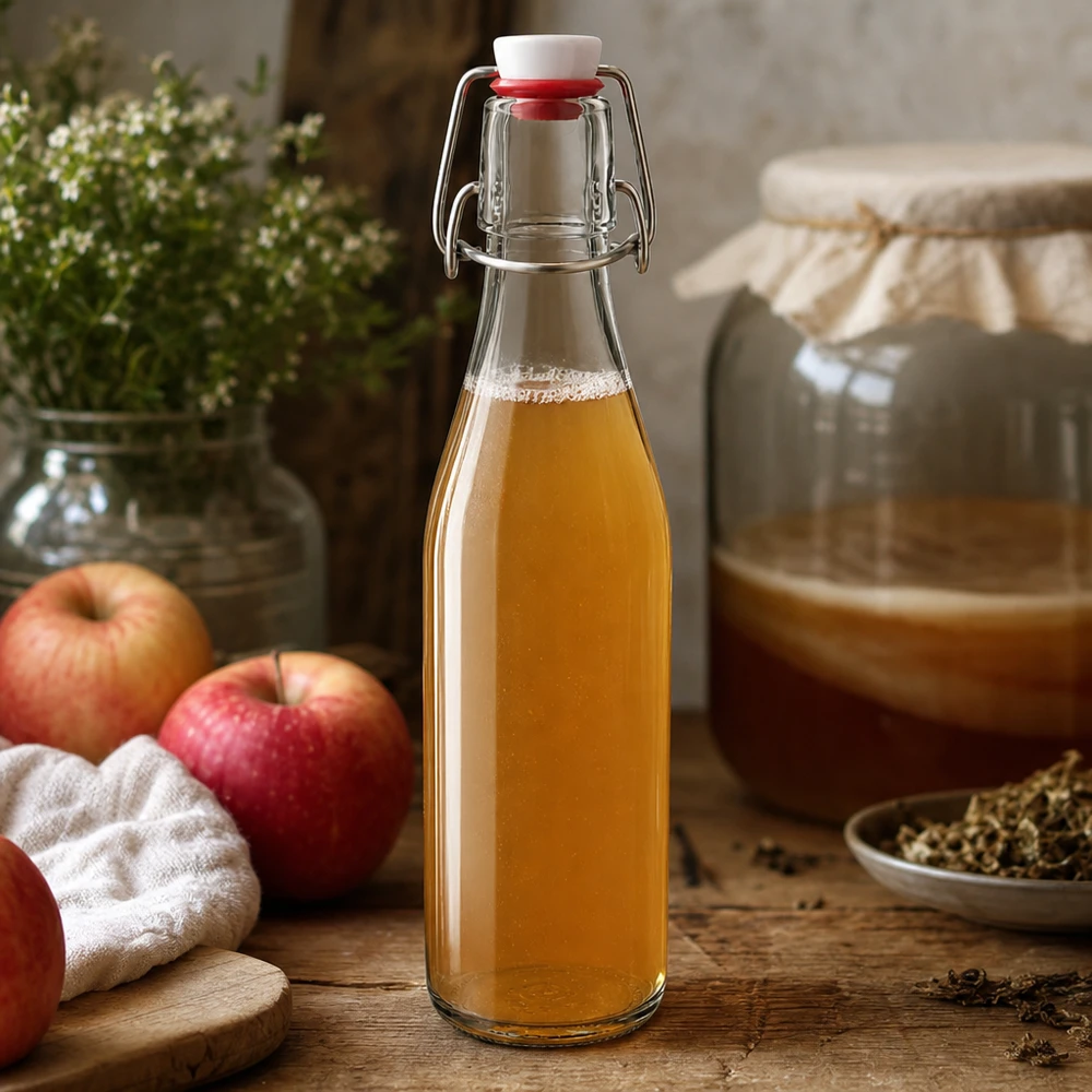 250ml Glasflasche mit Bügelverschluss gefüllt mit Apfelessig, rustikale Küchenszene mit roten Äpfeln und Gewürzen