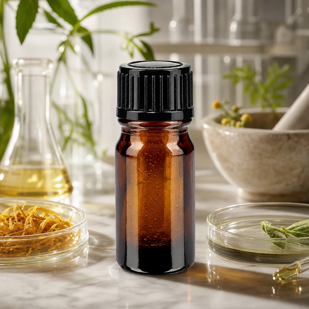 Apothekenflasche braun 5ml Schraubverschluss schwarz Standard Kleine Apothekerflasche 5ml bernsteinfarben mit 11mm Schwarzverschluss auf Marmor