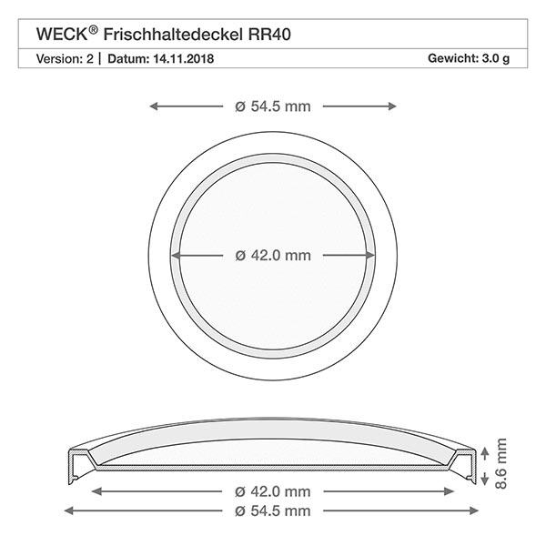 Technische Zeichnung WECK Frischhaltedeckel RR40 mit Maßangaben 54,5mm Außen- und 42,0mm Innendurchmesser