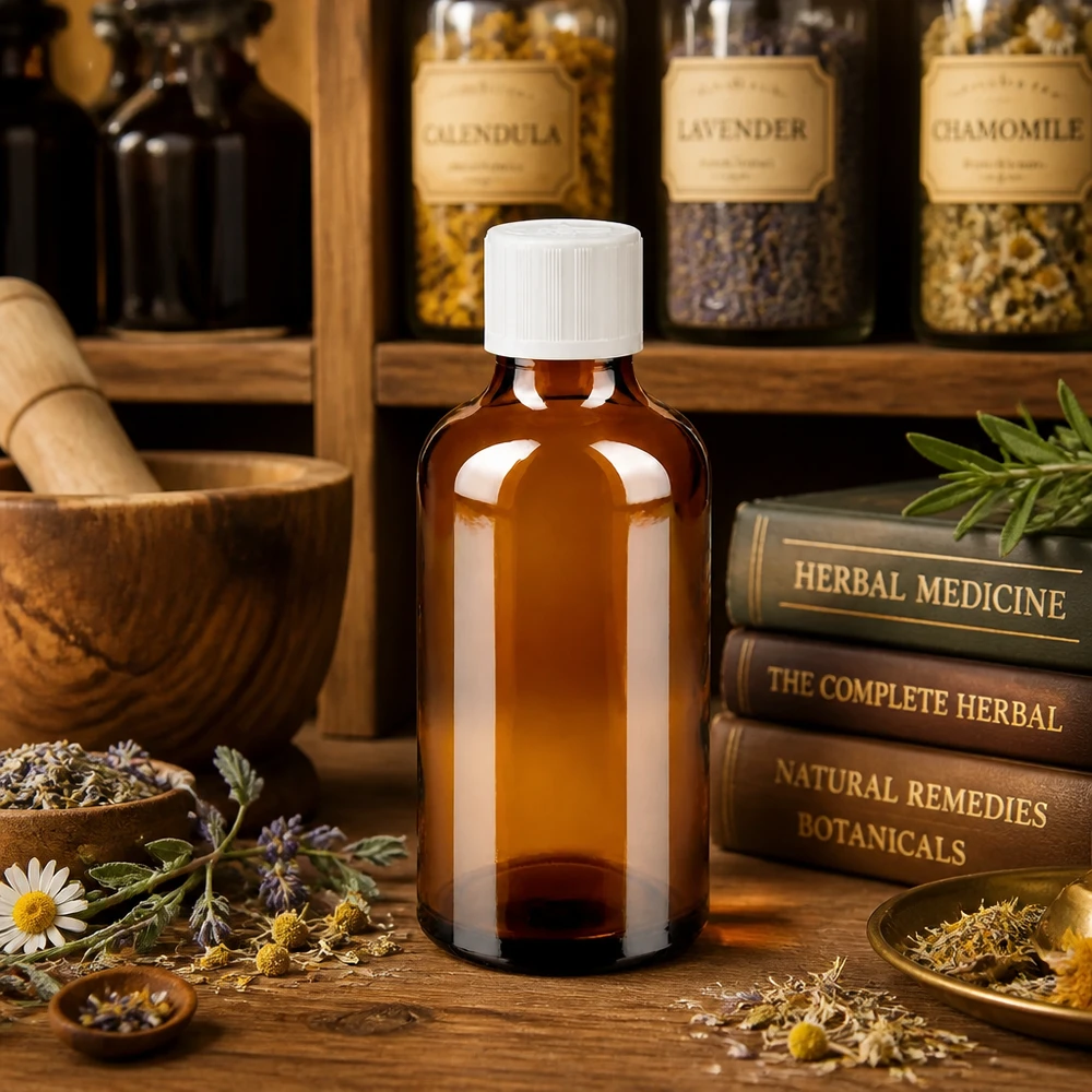 Apothekerbraunglas 50ml mit KiSi-Weißkappe zwischen Calendula Lavendel und Kamillenblüten