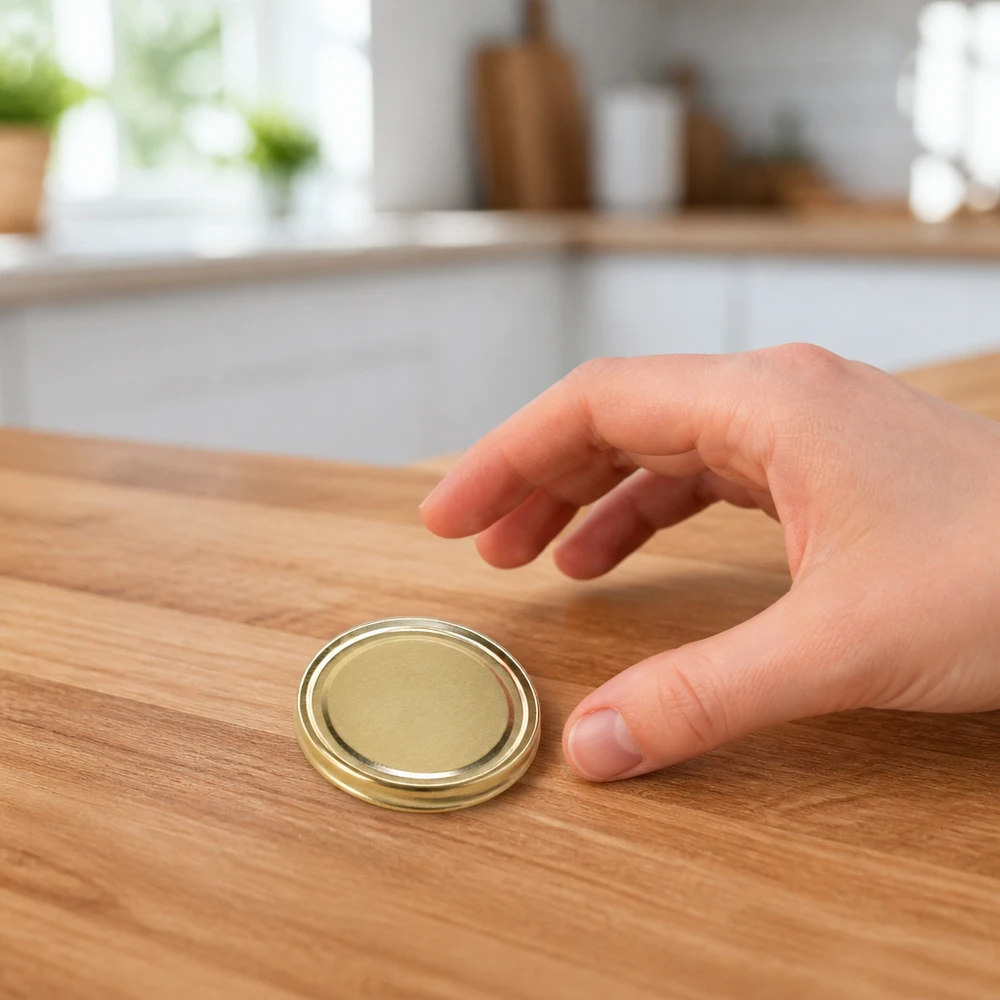 Hand nähert sich goldenem TO58 Deckel auf Holzunterlage Küche Hintergrund UNiTWIST unitemp