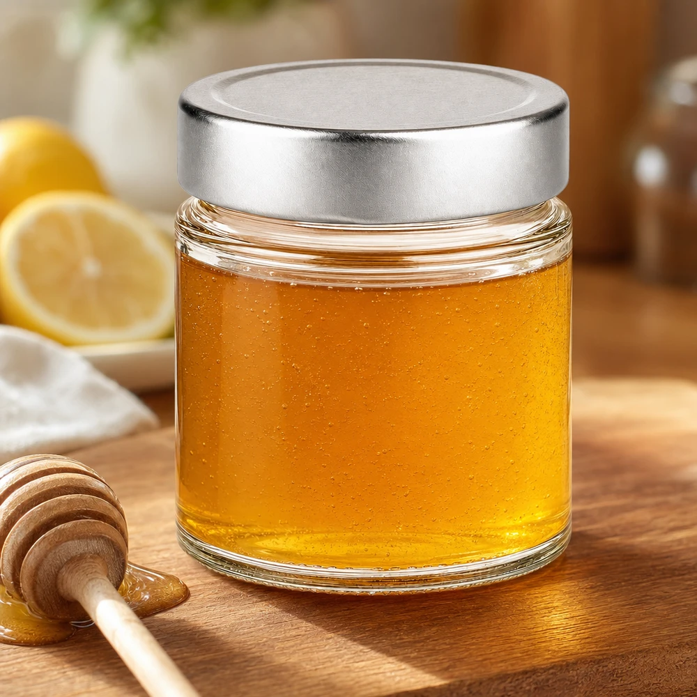 135ml Rundglas silber Deckel gefüllt mit goldenem Honig Honiglöffel Zitrone Küche natürliche Lebensmittel Glas