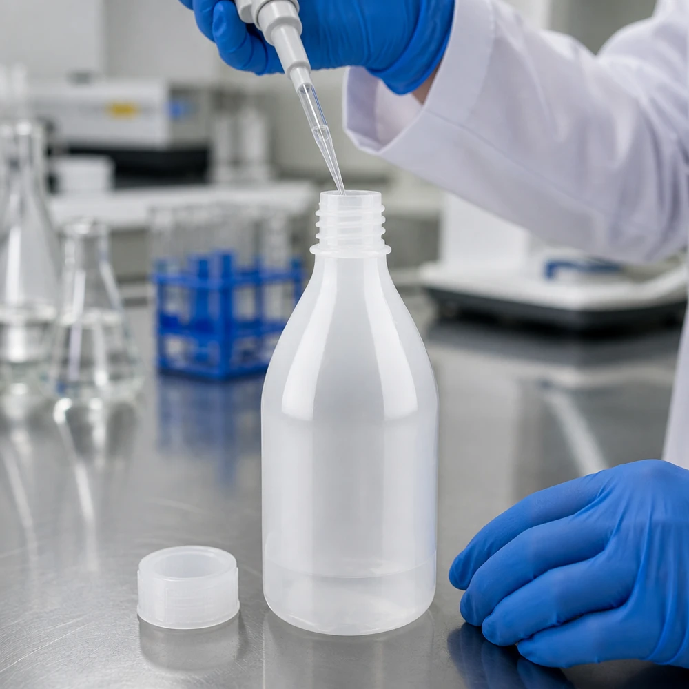 100ml Laborflasche Enghals ohne Verschluss 100ml Enghalsflaschen ohne Verschluss neben Erlenmeyerkolben im medizinischen Labor