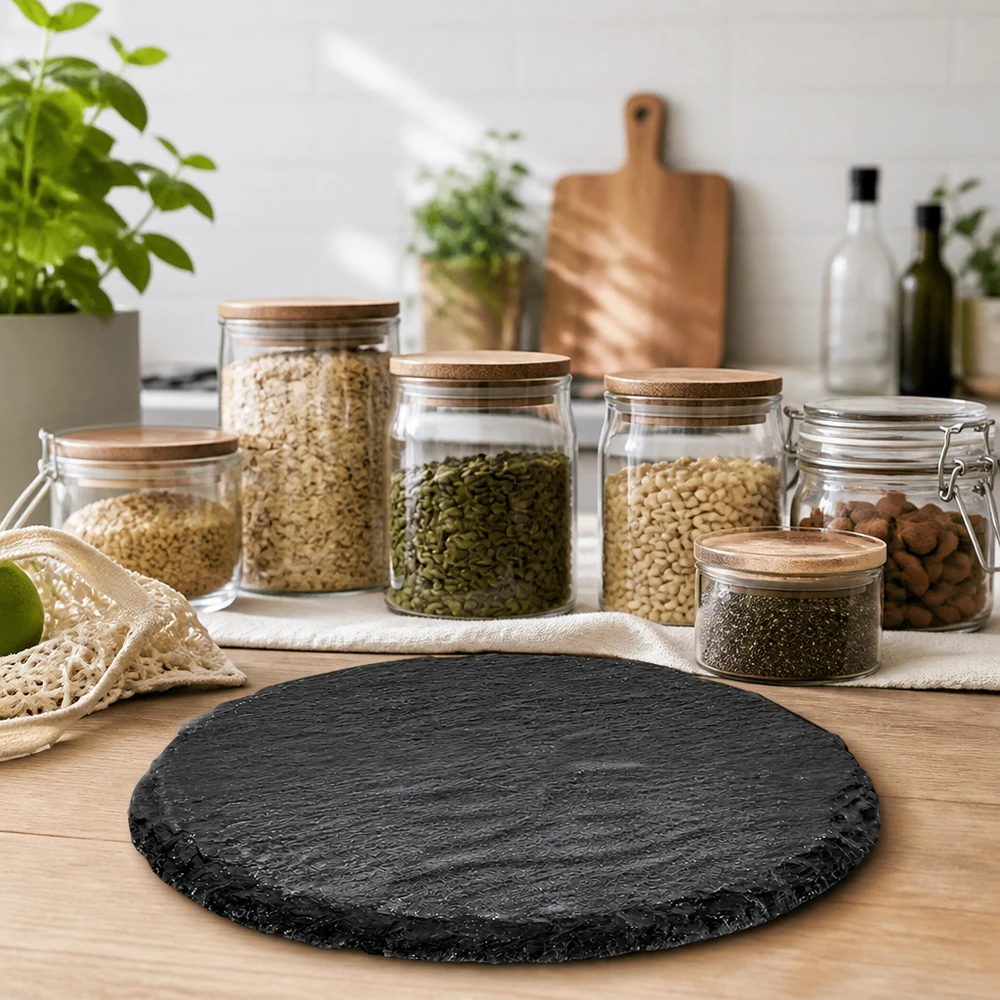 Runde Schieferplatte 150mm auf Holztisch in nachhaltiger Zero-Waste-Küche mit Vorratsgl盲sern und Kräutern