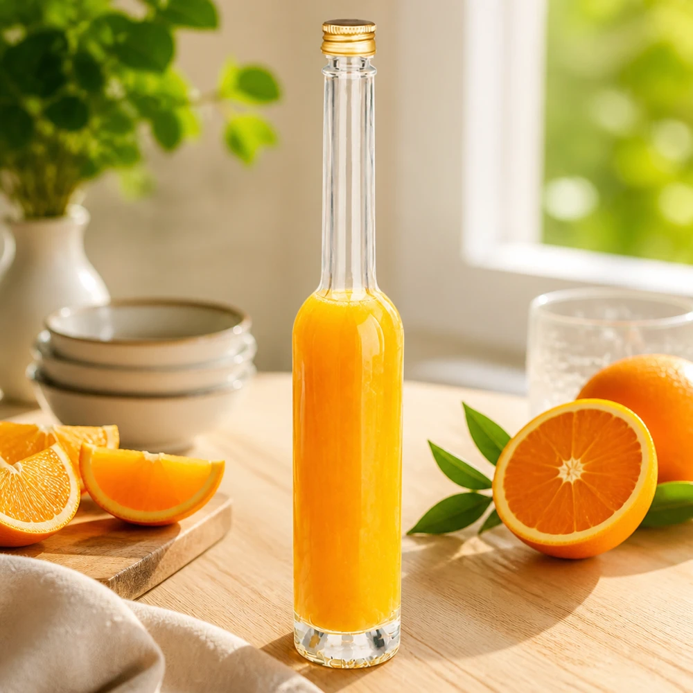 100ml Glasflasche "Toni" mit Schraubverschluss gold UNiTWIST 100ml Glasflasche Toni mit Orangensaft befüllt - goldener UNiTWIST Schraubverschluss in Küchen-Szenerie mit frischen Ora