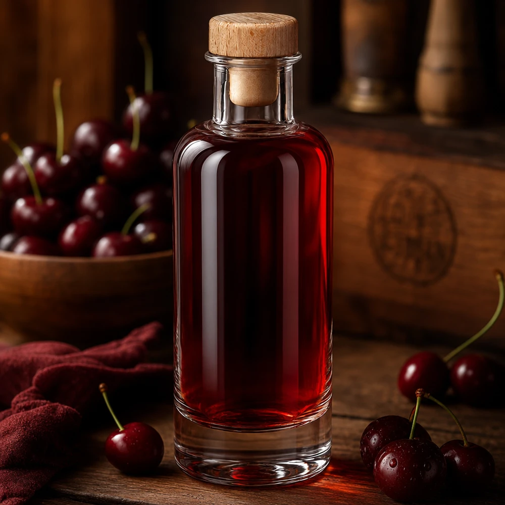 200ml Glasflasche Ella mit Holzkorken gefüllt mit rotem Kirschlikör neben frischen Kirschen auf rustikalem Holz Ambiente