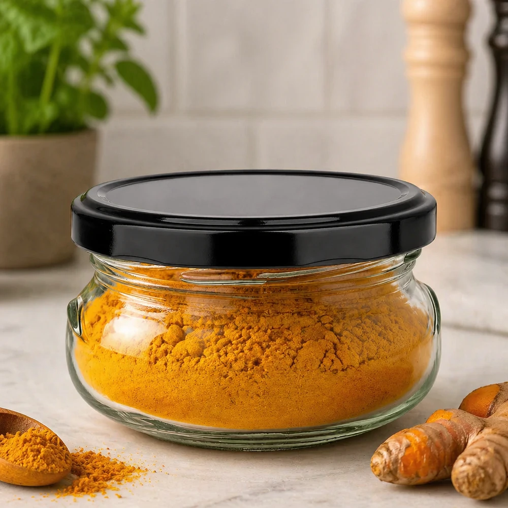 120ml Terrinenglas + BasicSeal Deckel schwarz UNiTWIST 120ml Terrinenglas gefüllt mit gelbem Kurkumapulver, schwarzer Deckel, Küchenambiente mit frischen Kurkumawurzeln